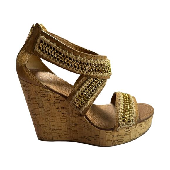 Tory Burch Lucian Tan Leather Gold Chain Strappy Wedge Sandals - Size 7 ½ - Picture 1 of 11
